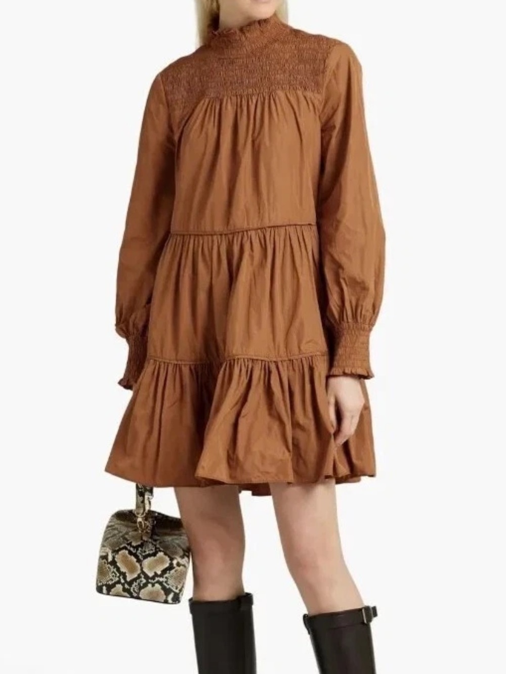 Veronica Beard Vigore Smocked
Tiered Shirred Shell Mini Dress Light
Brown